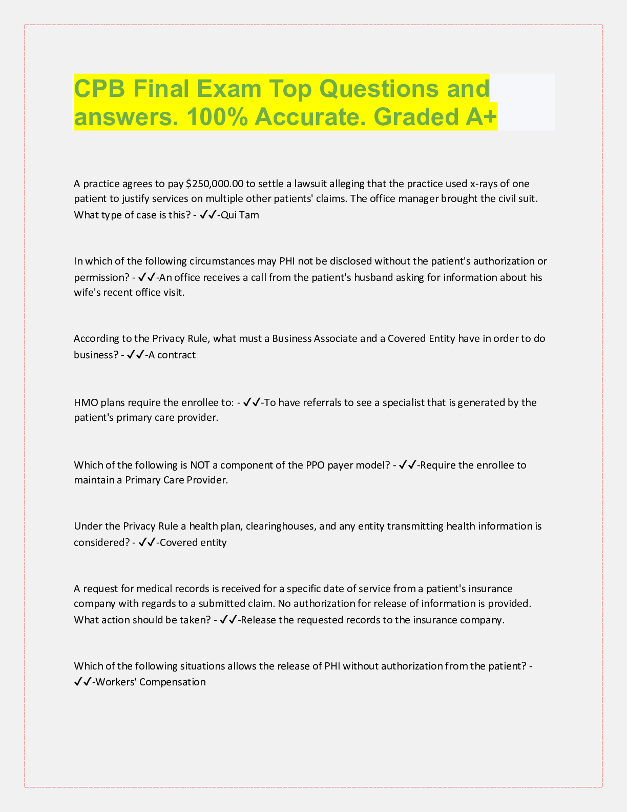 Preview image for CPB Final Exam Top Questions and  answers. 100% Accurate. Graded A+ A practice agrees to pay $250,000.00 to se